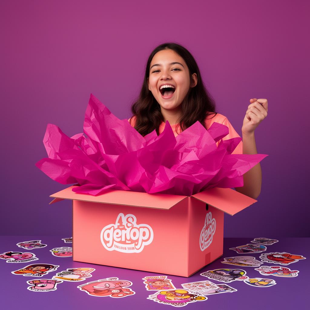 Creator unboxing a coral merch box on a purple background
