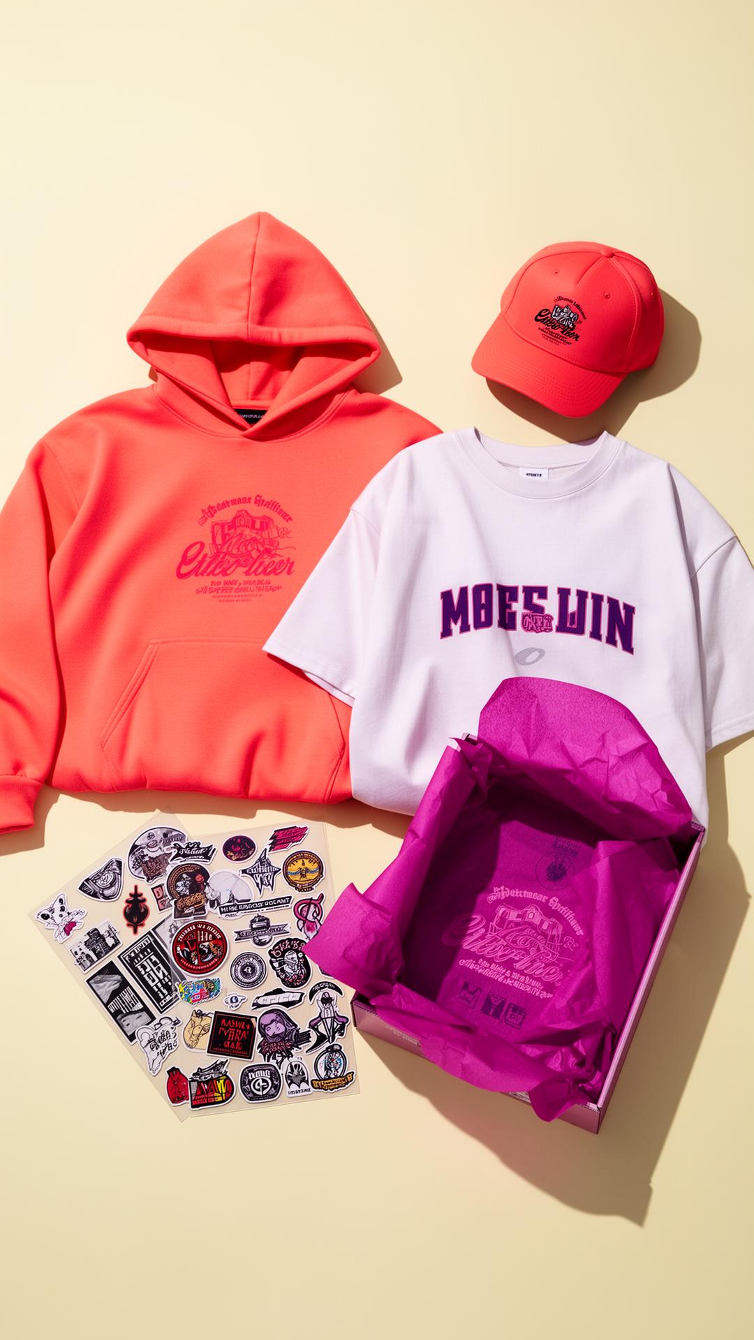 Coral and magenta merch drop flat-lay